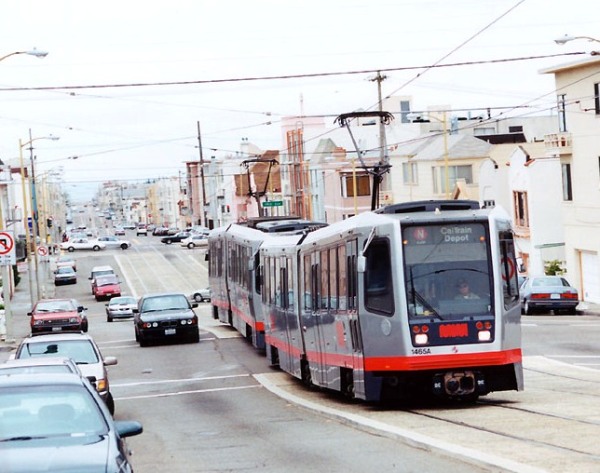 San Francisco's N-Judah light rail transit (LRT) line provides a model of how 2-track LRT can be fitted into a narrow arterial. Photo: Eric Haas.
